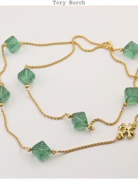 Tory Burch Gold Chain Bracelet with Green Crystal Beads